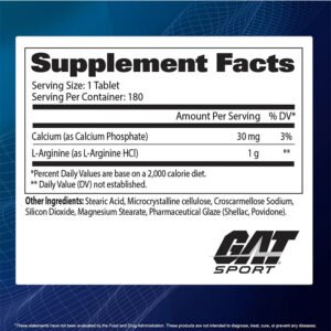 GAT L-Arginine - 180 Tablets for Nitric Oxide Support Supplement Facts