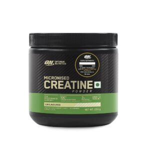 PRODUCT SPECIFICATIONS Flavour Unflavoured Key Ingredient Creatine Monohydrate (100%) Benefit Muscle Size, Strength & Athletic Performance. Suitable For Healthy Adults Target audience Unisex Product Weight 250 g Servings in the pack 83 Shelf life 18 months PRODUCT OVERVIEW Muscle Size, Strength & Performance Creatine monohydrate has been extensively studied and shown to help support athletic performance, power and recovery when taken over time along with regular resistance exercise¹. BENEFITS Consists of 100% Creatine Monohydrate. Unflavoured for ease of stacking with other flavoured sports nutrition supplements. 3 Grams of Pure Creatine Monohydrate per serving to support athletic performance and power.¹ ² Helps Support ATP Recycling.¹ ² Micronized for easy mixing. Informed Choice Certified. Banned Substance Tested. Power-up your post workout protein shake or weight gainer shake with 1 scoop of Micronised Creatine Powder. Check Authenticity - Scratch Tru-Seal sticker and SMS ON {Space} 6 digit unique code at 57575 or visit our website www.authenticateon.in SUGGESTED USE NUTRITIONAL INFORMATION CUSTOMER REVIEWS Micronised Creatine Powder | Unflavoured | 250 g