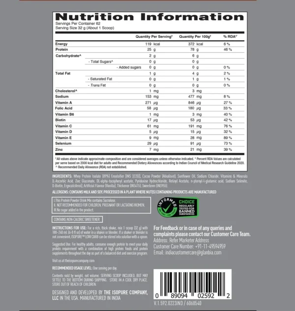 Isopure 100% Whey Protein Isolate supplement facts