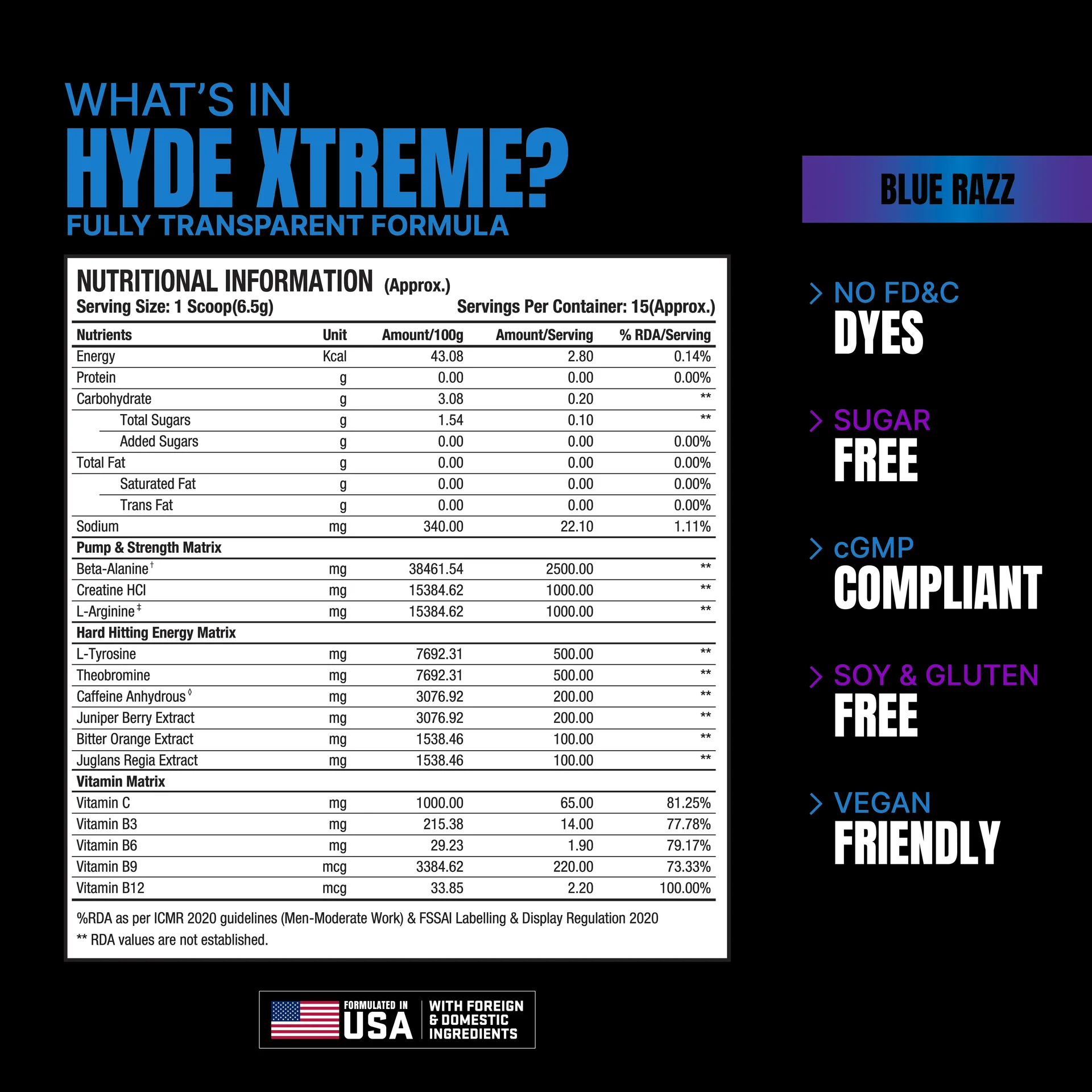 Prosupps Hyde Xtreme Pre Workout 30 Servings Blue Razz Supplement Facts