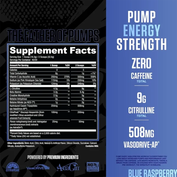 Ryse Pump Daddy V2 Non Stim Pre-workout 40 Servings_Supplement_facts